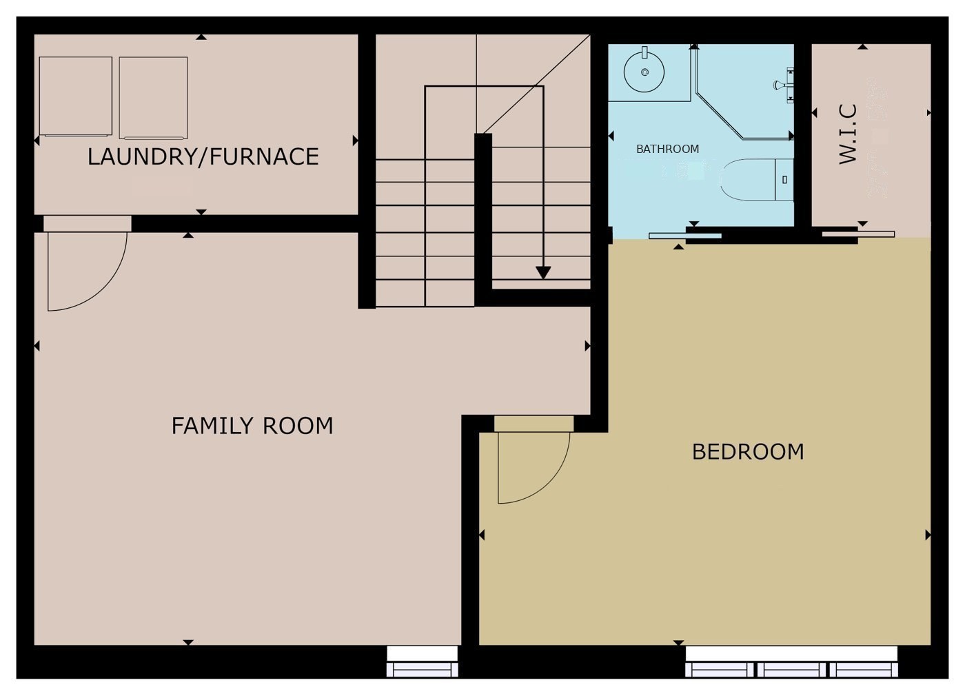 Lower level floor plan: bedroom with ensuite, family room, laundry