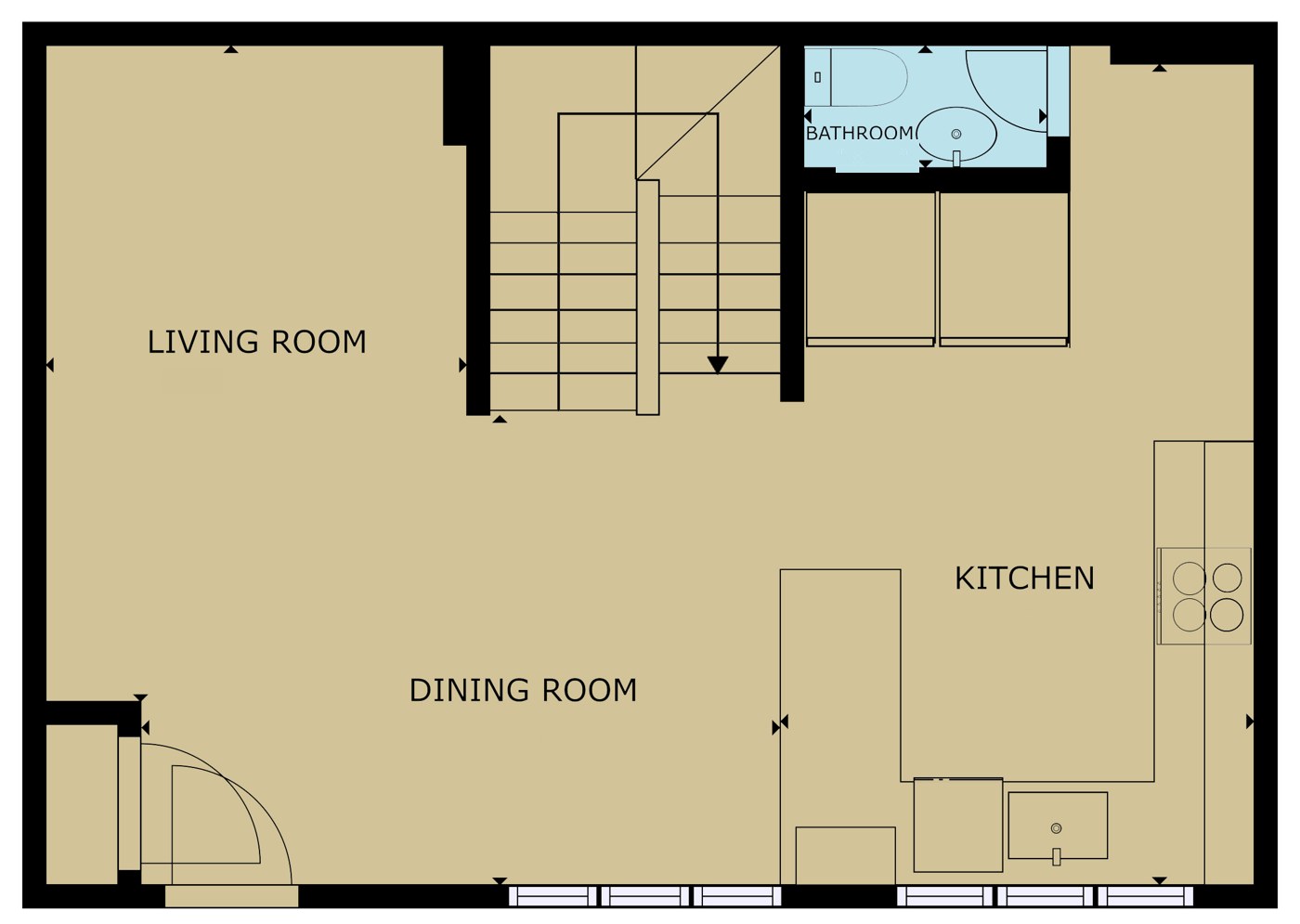Main floor plan: kitchen, dining room, living room, powder room