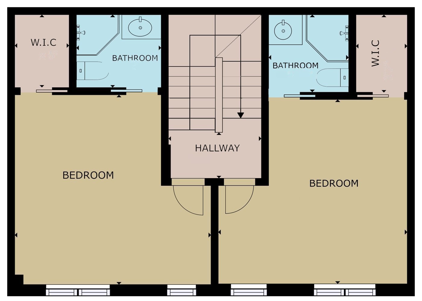 Second floor plan: two bedrooms, each with ensuite and walk-in closet